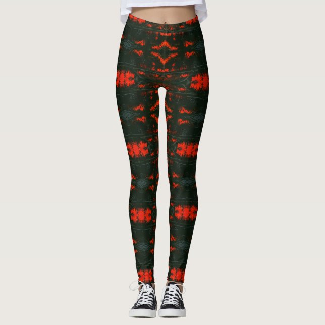 Abstract tiled design, deep, hot reds & dark brown leggings (Front)