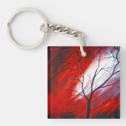 Abstract Tree and Red Sky Keychain