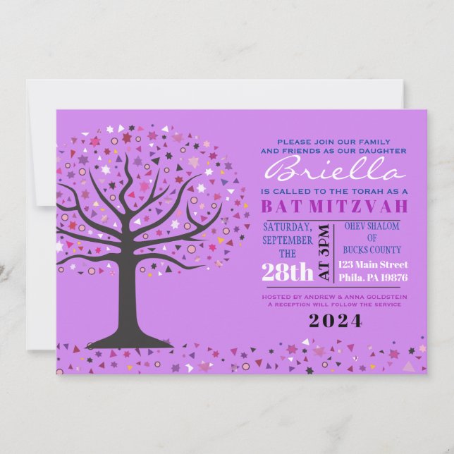 Abstract Tree of Life Bat Mitzvah Purple Invite (Front)