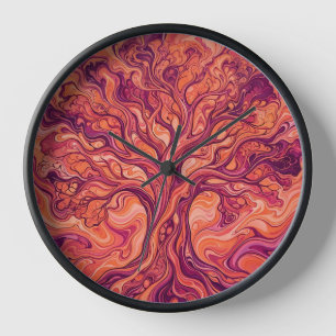 Abstract Tree Of Life Sunset Orange Liquid Clocks