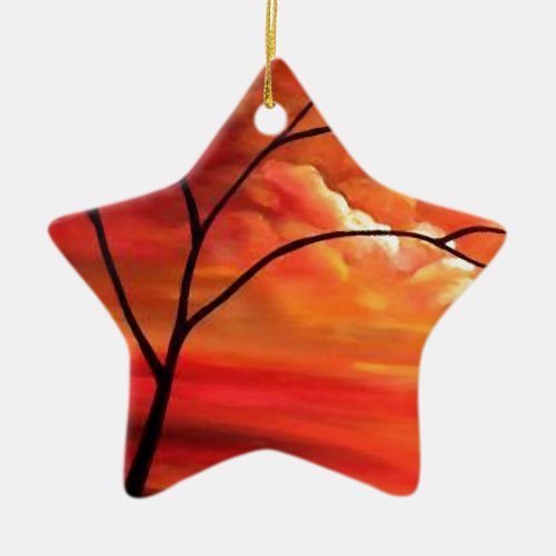 Abstract Tree  Red Sunset Ceramic Ornament