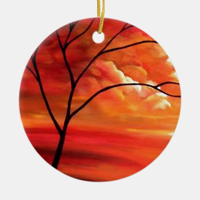 Abstract Tree & Red Sunset Ceramic Ornament (Front)