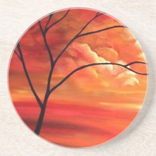 Abstract Tree  Red Sunset Drink Coaster