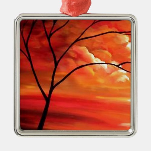 Abstract Tree  Red Sunset Metal Ornament
