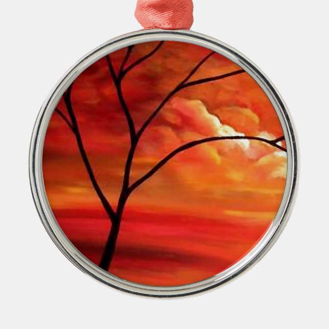 Abstract Tree & Red Sunset Metal Ornament (Front)