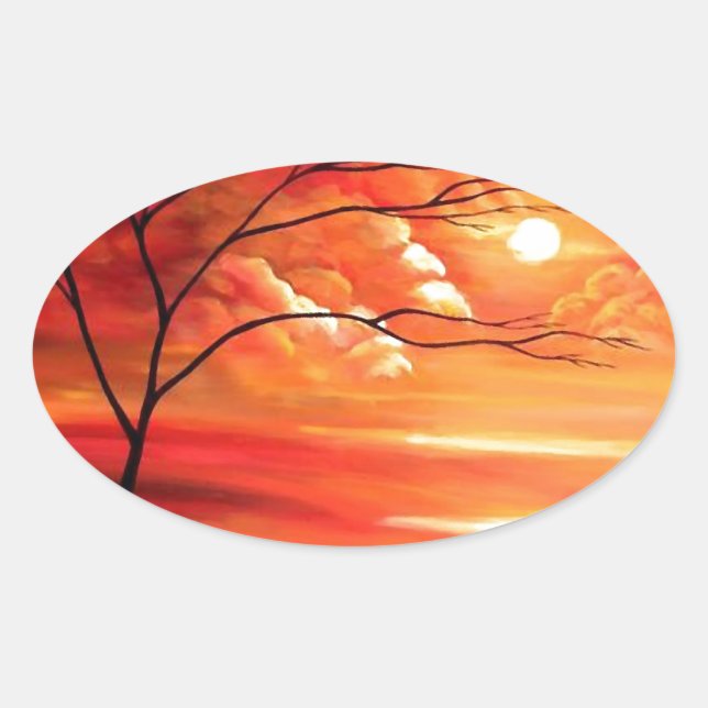 Abstract Tree & Red Sunset Oval Sticker (Front)