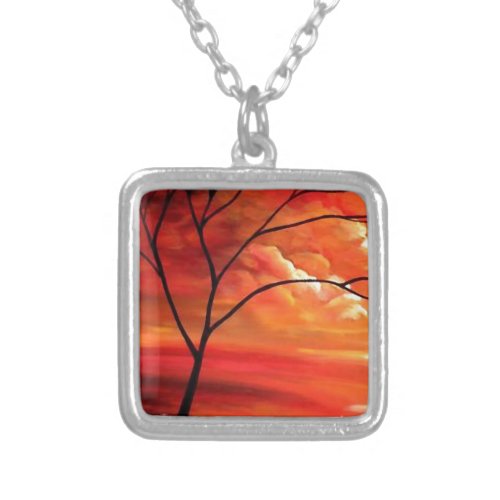 Abstract Tree  Red Sunset Silver Plated Necklace
