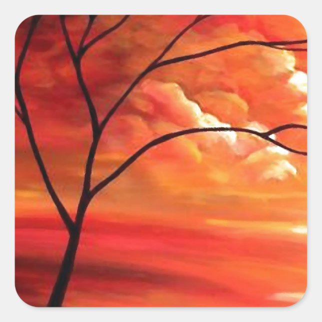 Abstract Tree & Red Sunset Square Sticker (Front)