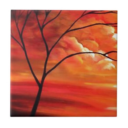 Abstract Tree  Red Sunset Tile