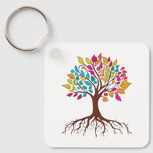 Abstract tree with roots and colorful leaves. keychain (Front)