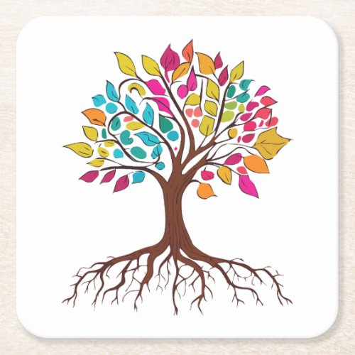 Abstract tree with roots and colorful leaves square paper coaster