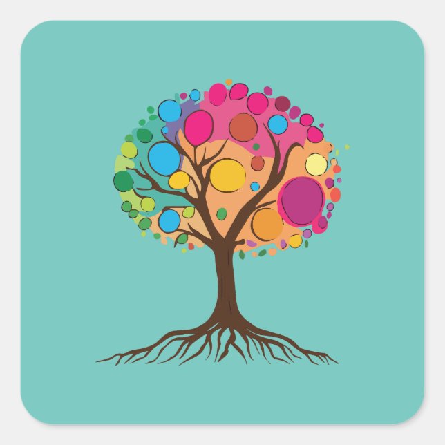 Abstract tree with roots and colorful leaves. square sticker (Front)
