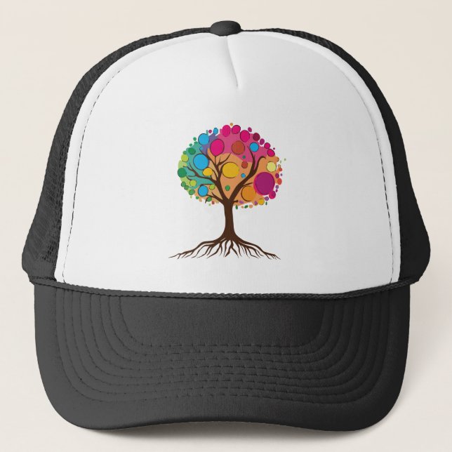 Abstract tree with roots and colorful leaves. trucker hat (Front)