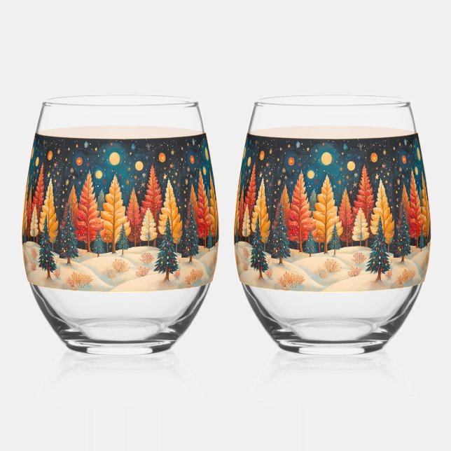 Abstract Trees Orange Red Yellow Green Stemless Wine Glass (Front)