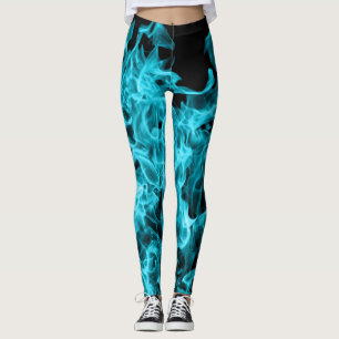 Abstract Trendy Modern On Fire Aqua Flames Leggings