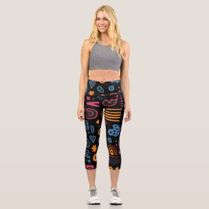 Abstract Tribal Doodle Neon Geometric Black Capri Leggings