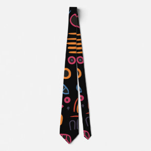 Abstract Tribal Doodle Neon Geometric Black Neck Tie