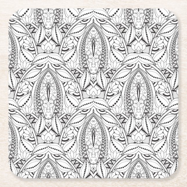 Abstract Tribal Doodle Square Paper Coaster (Front)