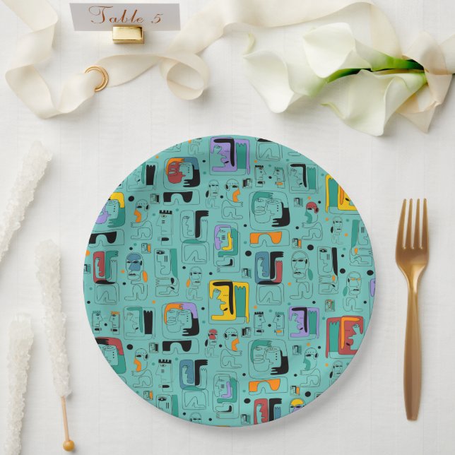 Abstract tribal maya ancient faces pattern 1 paper plates (Wedding)