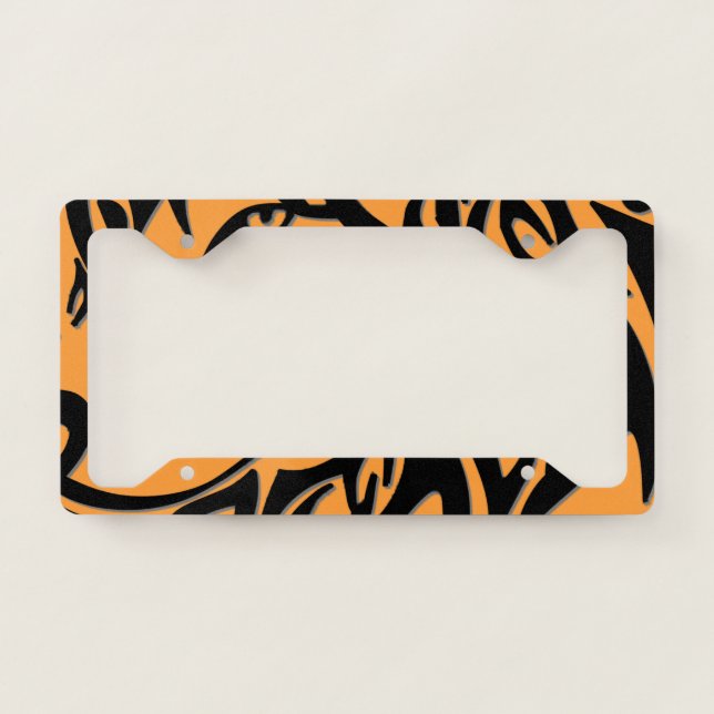 Abstract Tribal Wolf Orange on Black License Plate Frame (Front)