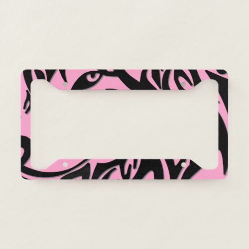 Abstract Tribal Wolf Pink on Black License Plate Frame