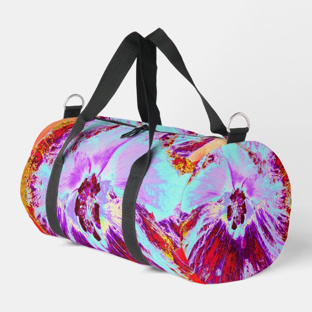 Abstract Tropical Aqua and Purple Hibiscus Flower Duffle Bag (Left Corner)