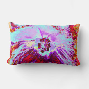 Abstract Tropical Aqua and Purple Hibiscus Flower Lumbar Pillow