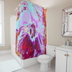 Abstract Tropical Aqua and Purple Hibiscus Flower Shower Curtain