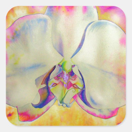 Abstract tropical boho orchid watercolor painting square sticker