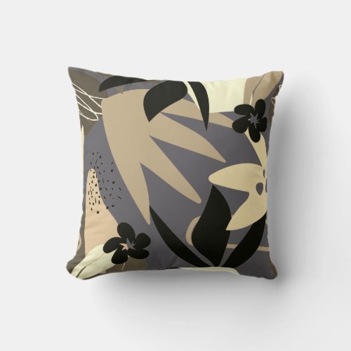 Abstract Tropical Floral Print Gray Throw Pillow