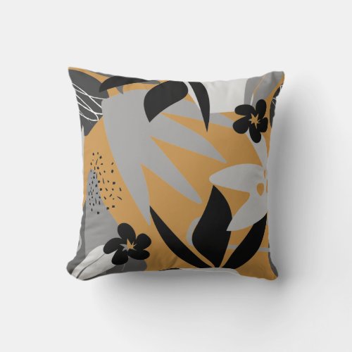 Abstract Tropical Floral Print on Mustard Yellow Throw Pillow