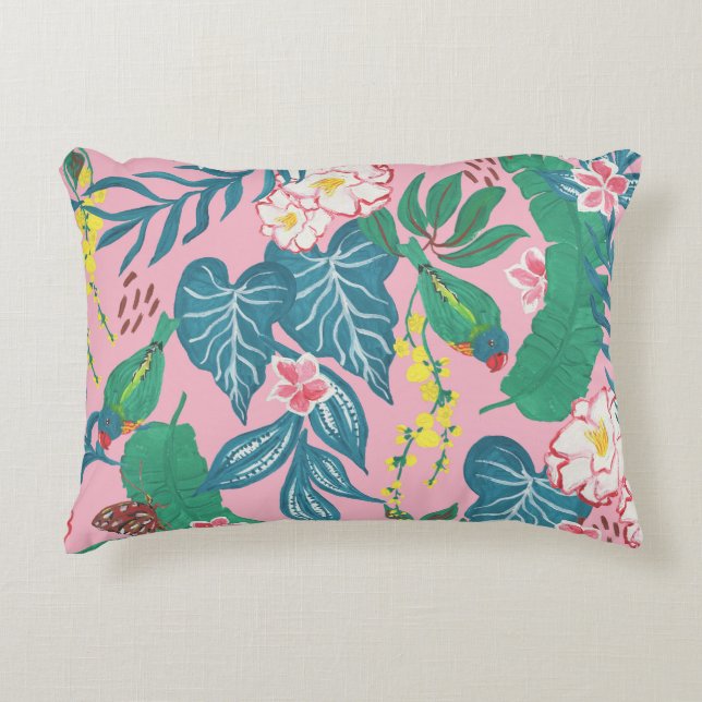 Abstract tropical flowers, guache painting pattern accent pillow (Front)