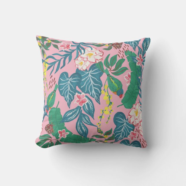 Abstract tropical flowers, guache painting pattern throw pillow (Front)