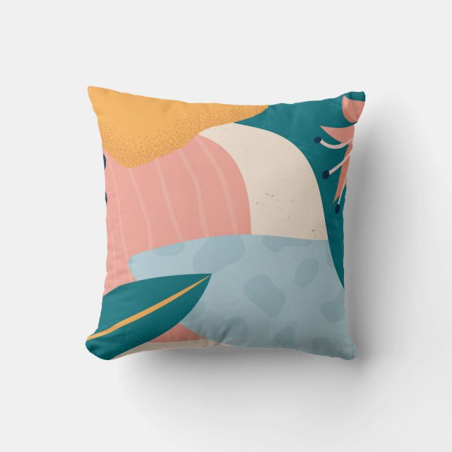 Abstract Tropical Leaf Modern Art Coral Teal Grey Throw Pillow (Front)