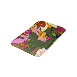 Abstract tropical leaves and flowers bath mat