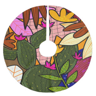 Abstract tropical leaves and flowers   brushed polyester tree skirt