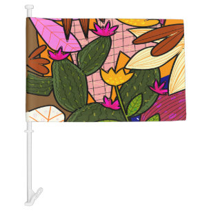 Abstract tropical leaves and flowers car flag