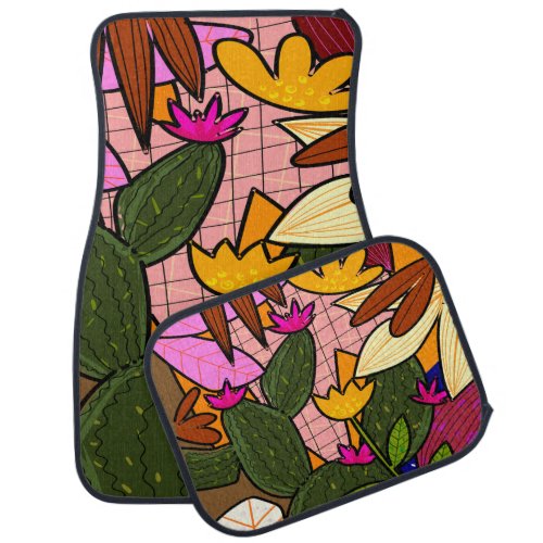 Abstract tropical leaves and flowers   car floor mat