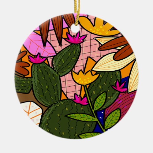 Abstract tropical leaves and flowers   ceramic ornament