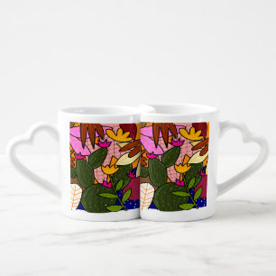 Abstract tropical leaves and flowers coffee mug set