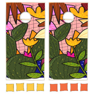 Abstract tropical leaves and flowers cornhole set