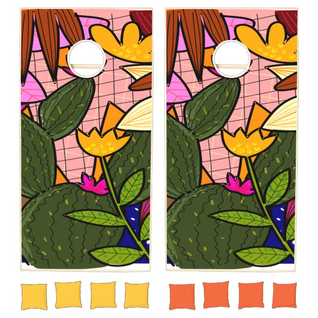 Abstract tropical leaves and flowers  cornhole set (Set)