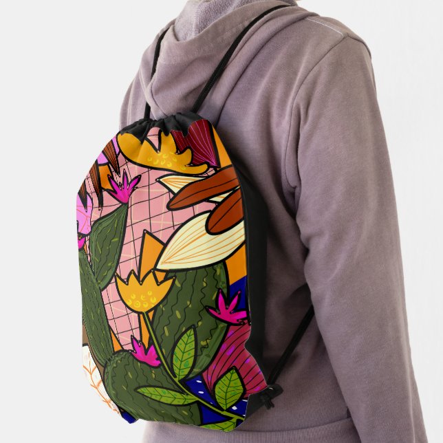 Abstract tropical leaves and flowers   drawstring bag (Insitu)