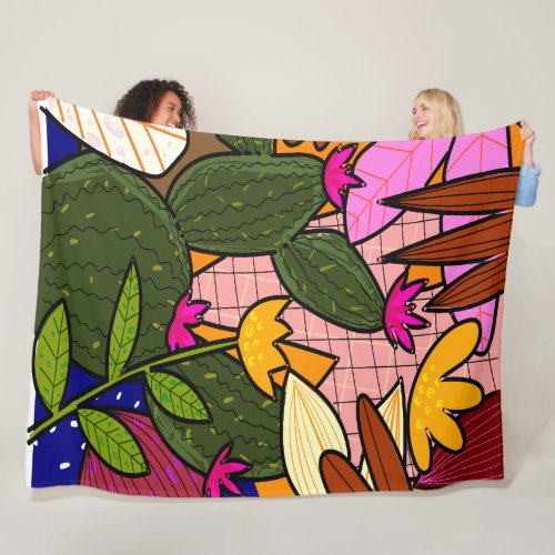 Abstract tropical leaves and flowers   fleece blanket