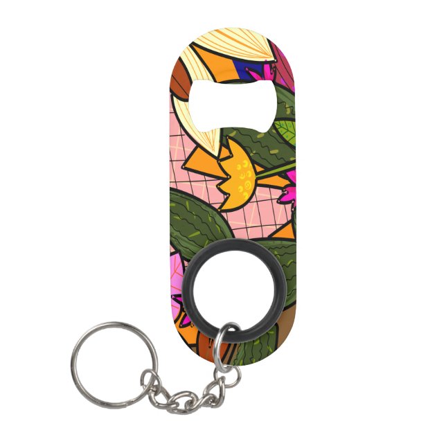 Abstract tropical leaves and flowers  keychain bottle opener (Front)