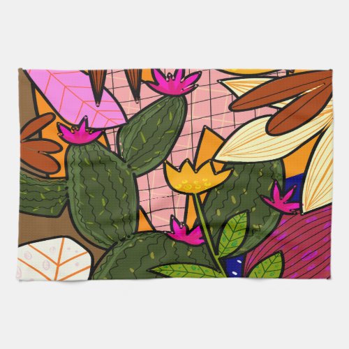 Abstract tropical leaves and flowers  kitchen towel