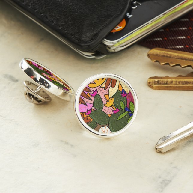 Abstract tropical leaves and flowers   lapel pin (In Situ)