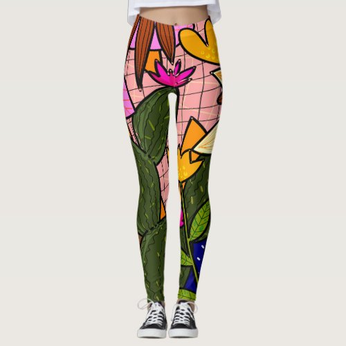 Abstract tropical leaves and flowers   leggings