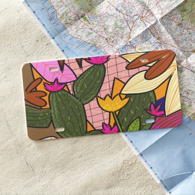 Abstract tropical leaves and flowers  license plate (In Situ)