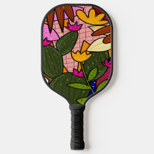 Abstract tropical leaves and flowers   pickleball paddle
